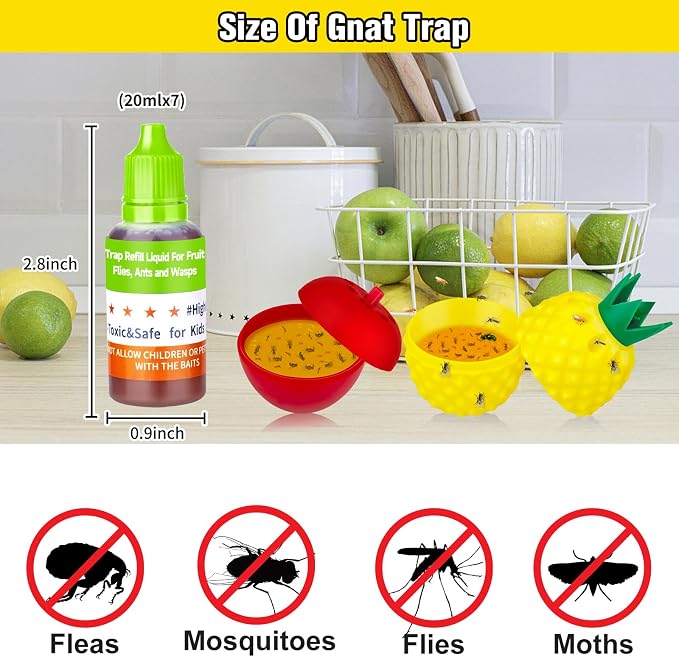 Fruit Fly Trap Refill Liquid, Effective Gnat Killer&Fruit Fly Catcher Bait Refill, Long-Lasting Fruit Scented Ants Attractant for Kitchen Bathroom Living Room Use, Safe Near Food (4 Pack)