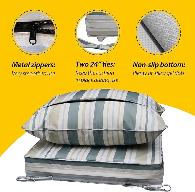 AAAAAcessories Outdoor Seat Cushions for Chairs, Fade-Resistant, Waterproof Patio Furniture Replacement Cushions, 20" x 18" x 3" + 20" x 17", Slate Gray Blue Coastal Stripe
