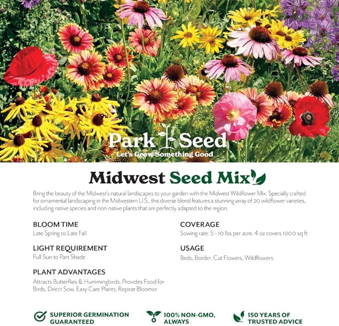 Park Seed Grow Your Own Vibrant Annual and Perennial Wildflower Garden Seeds Mixture, Easy to Grow Varieties for Pollinators and Spring Gardens - Midwest Regional Mix, 1/4 lb