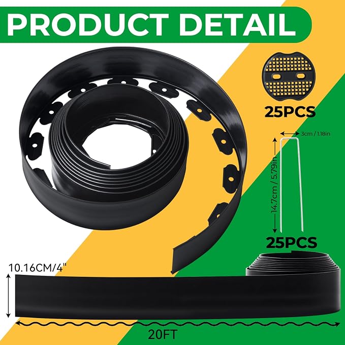 4 Inch Tall No Dig Landscape Edging, 20 FT Heavy Duty Plastic Garden Border Kit with 25 Metal Stakes, Durable All-Weather Flexible Barrier for Lawns, Flower Beds, Paver, Pathwa & Patio