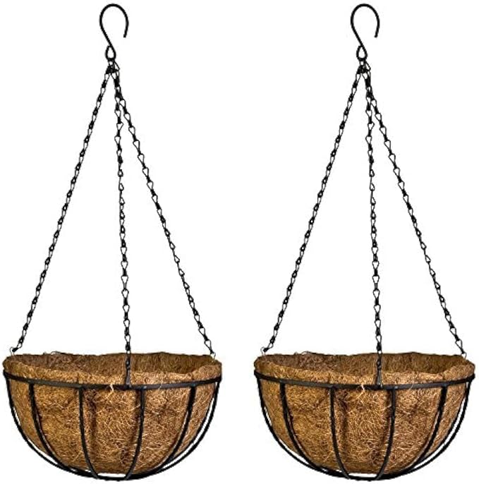 Kingbuy 12" Metal Hanging Basket for Herbs & Flowers – 6" Depth Rust-Resistant Wire with Coconut Liner & Adjustable Chains for Kitchen Window, Balcony & Garden - 2 Pack