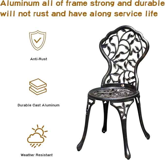 JARDIN DE CENTENNIAL Patio Bistro Set.Rust-Resistant Cast Aluminum Bistro Table Set with Umbrella Hole for Backyard (Leaf DESIGNCOPPER)