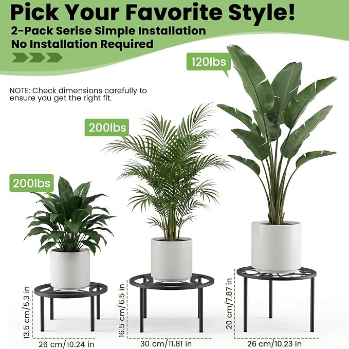 TOSKING 2-Pack Heavy Duty Metal Plant Stand Holds 120 lbs - 10.2" Classic Scroll Pattern Round Stand for Medium to Large Pots, Adjustable Feet & Rustproof Finish, Indoor/Outdoor, Black (10.2"D x 7.9"H)