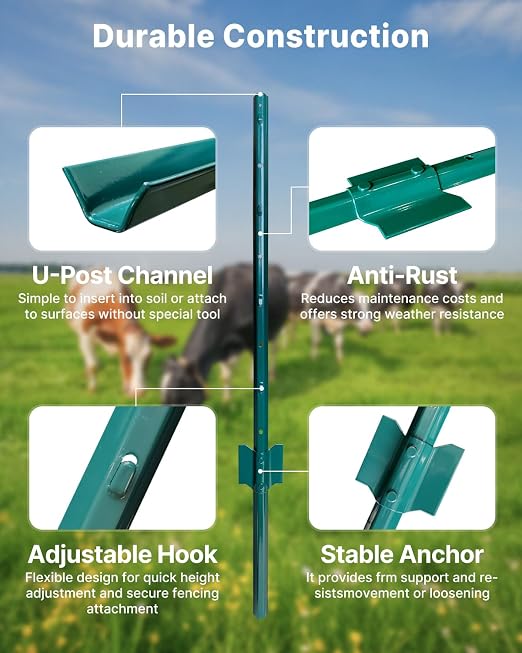 ARIFARO Fence Posts 3 Feet Sturdy Duty Metal Fence Post, Pack of 16, No Dig Garden U Post for Wire Fencing Steel Post for Yard, Outdoor Wire