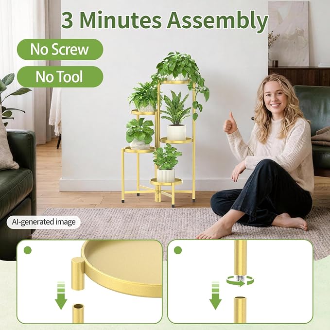 LASZOLA 5 Tier Large Plant Stand Indoor Tall with 10 Inch Metal Tray, Corner Folding Flower Display Rack, Modern Plant Holder Shelf for Outdoor Patio Porch Garden Office Living Room, Gold