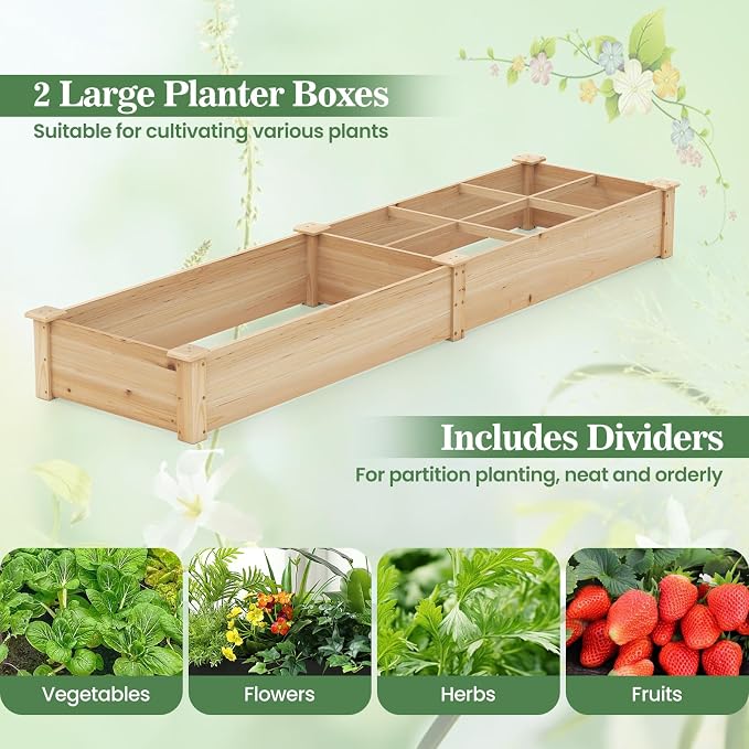Giantex Wooden Raised Garden Bed with 2 Planter Boxes & Dividers, 90"x25"x10" Raised Bed for Flowers Vegetables Fruits Herbs Gardening Planting, Outdoor Garden Box for Patio Backyard Lawn (1)