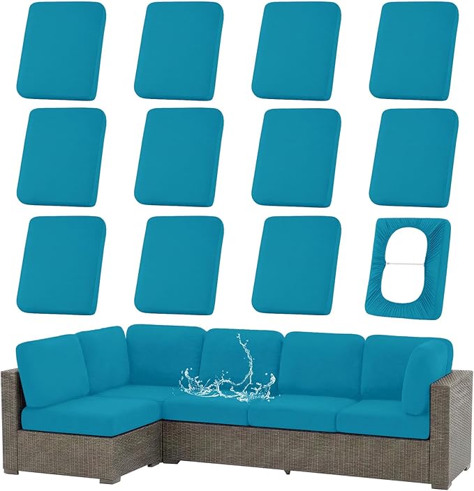 hyha Waterproof Outdoor Cushion Covers for Patio Furniture, Stretch Patio Chair Cushion Slipcovers, Coated UV Resistant Replacement Seat Covers, Solid Color (Teal, 12PC)
