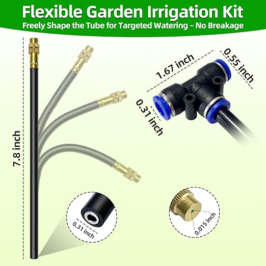10 Pack 360° Adjustable Drip Irrigation Nozzles with Tee Connectors, Quick Connect Spray Emitters Compatible with 5/16" (8mm) Irrigation Systems for Garden, Lawn, Greenhouse & Raised