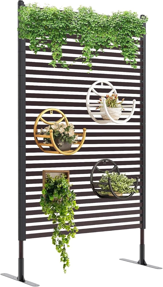 FOLLOOK Outdoor Privacy Screens Freestanding, 36" W x 71" H Overall Poly-Coating Steel Pipes and Slats, Rustproof Brown Metal Decorative Fence Panels for Outside Backyard Garden Patio Privacy Screen