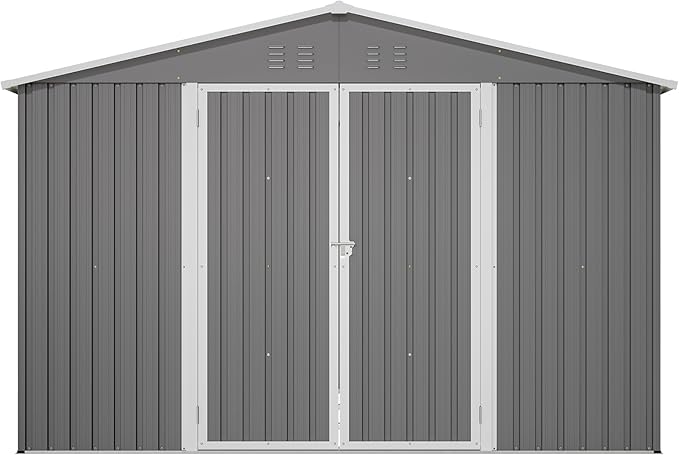 YOPTO 10×10 FT Outdoor Storage Shed,Metal Aluminum Waterproof Tool Sheds with Foundation,Doors & Vents,Heavy-Duty Sheds Unit W/Lock & Key,for Storing Bicycles,Lawnmowers,Barbeques,Gray