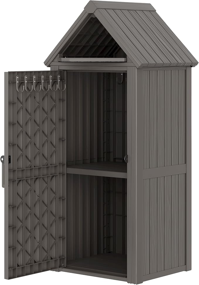 LHBGO Outdoor Storage Shed with Door & Shelf, Large Capacity Weatherproof Garden Tool Cabinet with Multiple Hooks for Backyard, Patio, Lawn（Gray