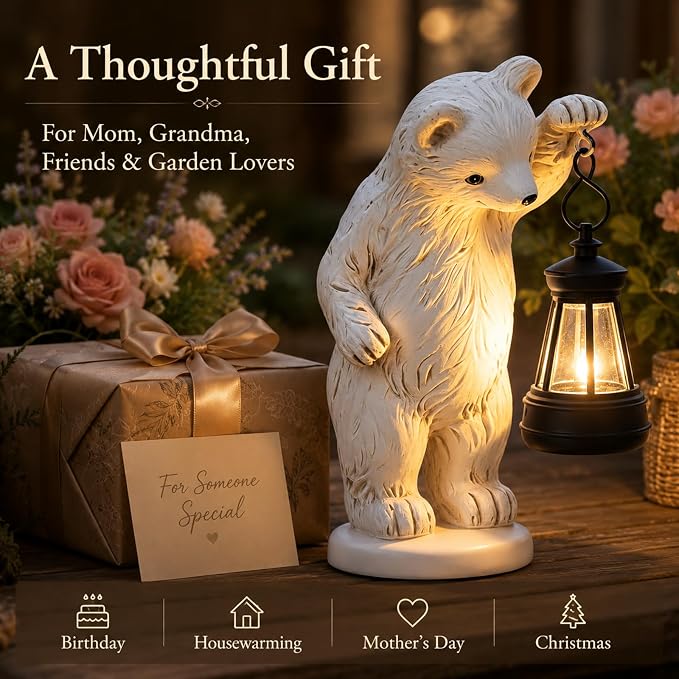 mocosa Solar Garden Statues Bear and LED Lights Birthday Gifts for Women Mom Grandma Solar Outdoor Cat Decor for Outside,Outdoor Solar Lights for Yard, Garden and Patio, Unique Gift for Women