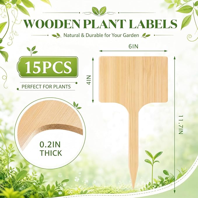 Hicarer 15 Pcs 11.74" x 6" Extra Large Bamboo Garden Markers, Natural Wood T-Type Large Tall Plant Labels for Herbs, Flowers & Vegetables – Easy to Read Full-Size Tags for Garden Outdoor
