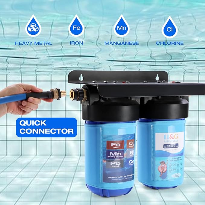 H&G lifestyles Pool Filling Hose Water Filter, Garden Hose Iron Filter for Well Water, Reduces Calcium Magnesium, Hot Tub & Pool Water Filter System, 3/4" GHT Brass Fittings, 70,000 Gallons