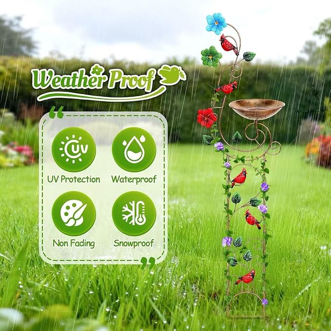Metal Bird Bath with Trellis for Outside, 57” Height Birdbaths & Supports, Small Garden Decorative Trellises for Climbing Flowers Outdoor (Redbird)