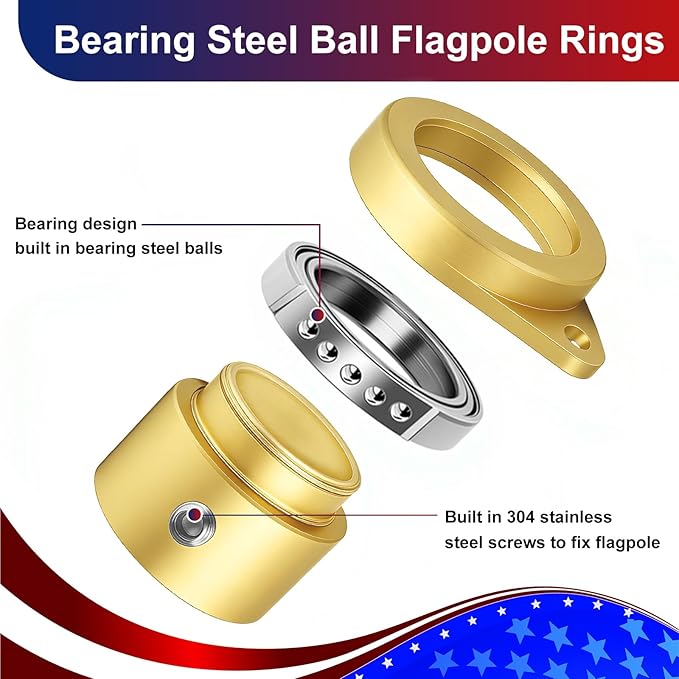 Bearing Steel Ball Flag Pole Rings, Tangle Free Aluminum Alloy Flag Pole Spinners, 360° Rotating Flagpole Rings with Carabiners, Fit Flagpole with 0.75-1inch Diameter, Flagpole Parts, 1 inch Gold