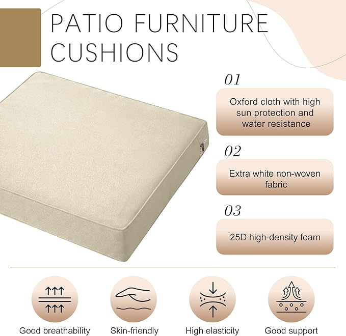 DoubleFill 1 Pcs Outdoor Ottoman Cushion 23"x19"x3" Waterproof Fade Resistant Outdoor Footstools Cushion Removable Patio Ottoman Cushions with Adjustable Fixing Strap for Stool (Beige)