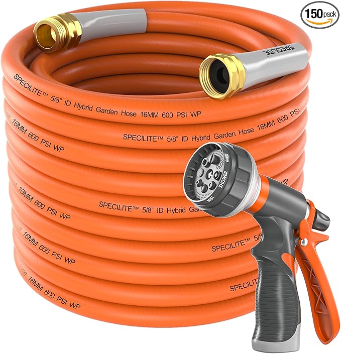SPECILITE Garden Hose 150 ft x 5/8 in Heavy Duty, Flexible and Kink Resistant, All Weather Water Hose with 3/4" Solid Brass Fittings - for Backyard, Lawn, Car Washing & Outdoor Cleaning