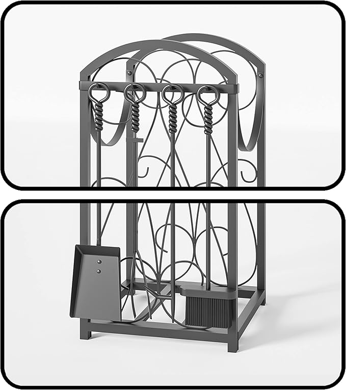 Kingson Firewood Rack Indoor Wood Holders Fireplace Tool Rack Outdoor Log Holder Rack Lumber Storage Stacking Fireplace Tools Set Wood Stove Accessories Black