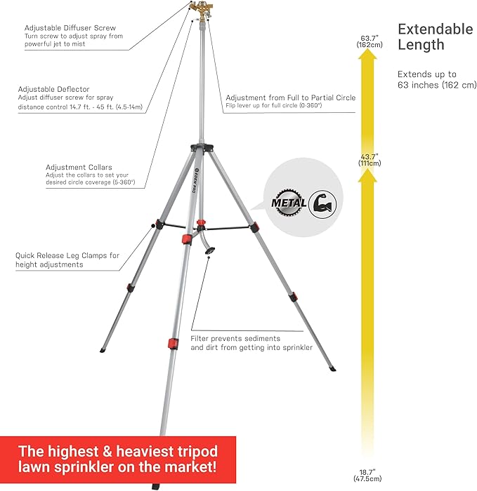 Eden 94157 PRO The Heaviest Weight Tripod (5.37 lbs) Metal Telescoping Tripod Brass Impulse Sprinkler with Premium Quick Connect Starter Set, Watering up to 6,360 Sq. Ft