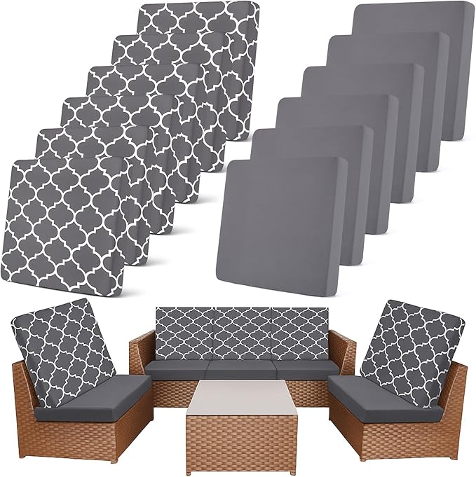 Newwiee 12 Pcs Patio Cushion Covers Outdoor Stretch Sofa Couch Cover Replacement Couch Slipcover Sofa Seat Chair Porch Patio Furniture Protector, Flexibility Washable(Dark Gray,Moroccan and Solid)