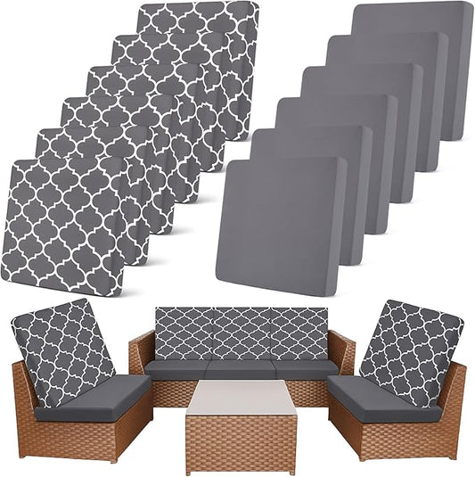 Newwiee 12 Pcs Patio Cushion Covers Outdoor Stretch Sofa Couch Cover Replacement Couch Slipcover Sofa Seat Chair Porch Patio Furniture Protector, Flexibility Washable(Dark Gray,Moroccan and Solid)
