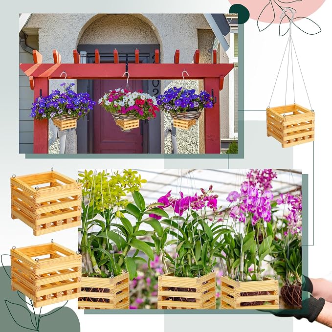 Briwooody 4 Pack Wooden Plant Hanger Set Including 6 Inch Strong Hanging Orchid Wooden Square Baskets and 24 Inch Wire Plant Hangers for Hanging Orchid Gardening Indoor Outdoor (Brown)