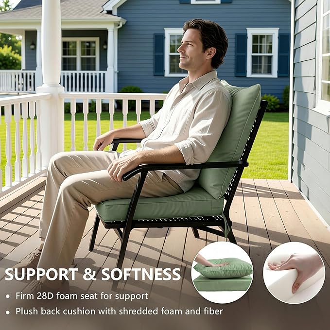 22x22 Inch Patio Chair Cushions Set of 2, Outdoor Furniture Cushions - Removable Cover, Water-Repellent, Fade-Resistant, Non-Slip Bottom & Straps, Replacement for Lawn, Porch & Deck Chair - Sage Green