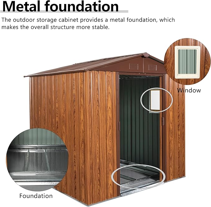 Outdoor Metal Storage Shed 6FT x 6FT, Galvanized Steel Frame Garden Shed, Sliding Lockable Doors, 4 Vent System, Weather-Resistant Metal Storage House with Foundation Kit, Shelf & Hooks, Coffee