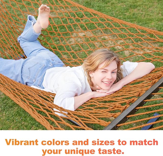GAFETE 12ft Double Hammocks for Outside, Handwoven Traditional Cotton Rope 2 Person Hammock with Hardwood Spreader Bar, Chains & Hooks for Indoor Outdoor, Max 450 lbs Capacity (Coffee Brown, Medium)