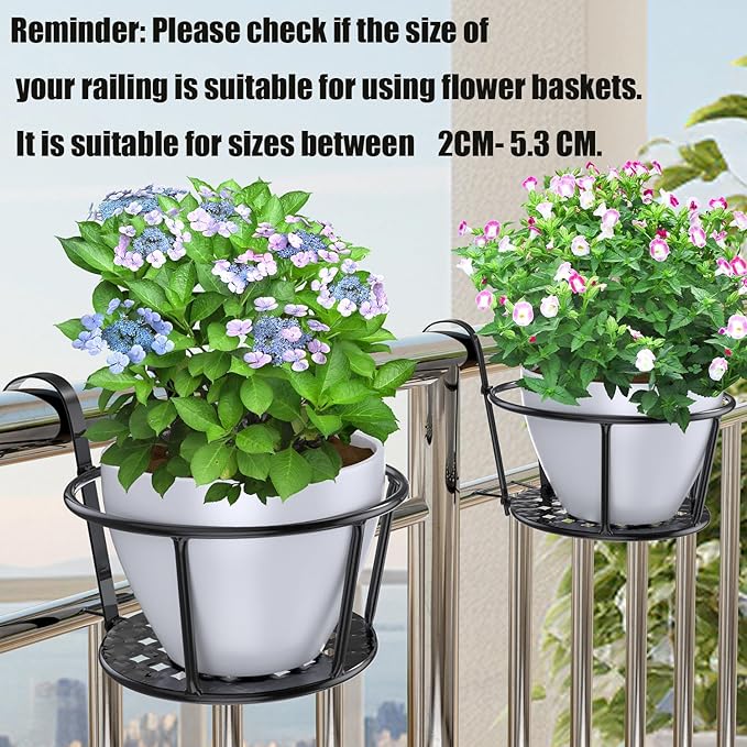 3PCS Railing Planter Holders, Compatible with 1"-2.08" Wide Railings | 3 PCS Railing Hanging Planter Holders, Round Balcony Metal Flower Pot Stand with Base, Easy for Hanging and Moving.