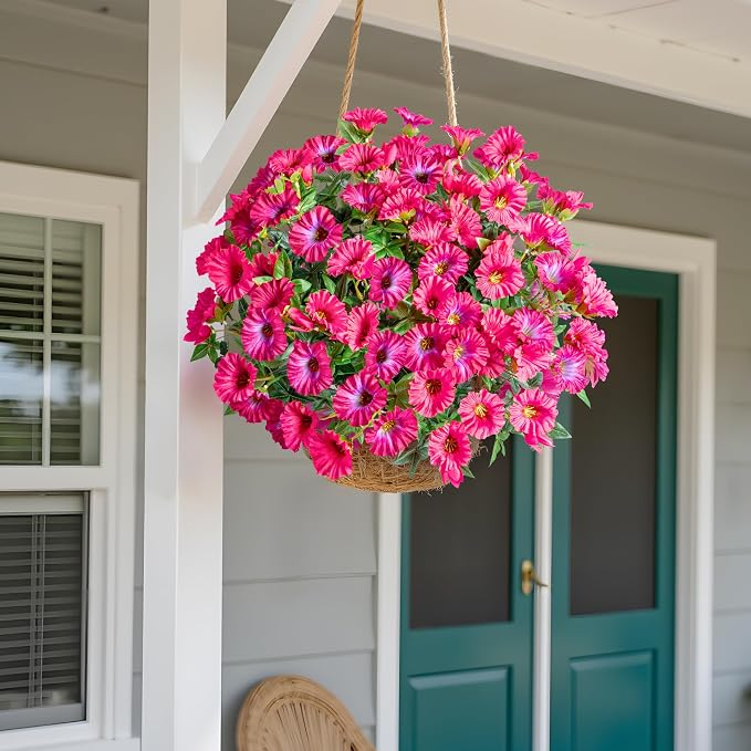 Rose Red Artificial Morning Glory Flowers for Outdoor Planters, Premium UV Resistant Silk Faux Flowers for Porch, Hanging Basket & Window Box, Summer Garden Decor, No Pot, 13.3 Inch, 8 Bundles