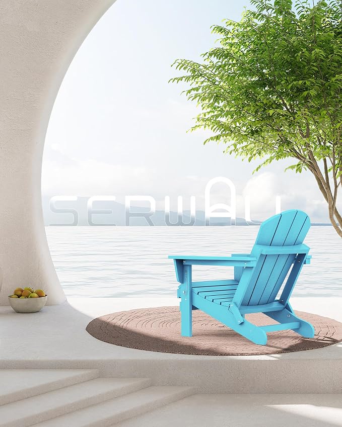 SERWALL Folding Adirondack Chair Weather Resistant Patio Chair with Cup Holder Outdoor Chairs Set of 6 Painted Adirondack Chairs - Light Blue