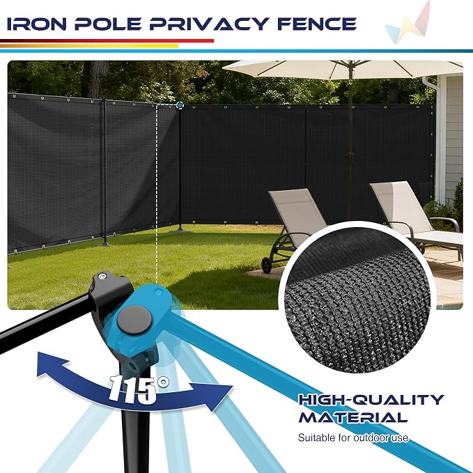 Windscreen4less Outdoor Privacy Fence Screen, 6'x9' Freestanding Privacy Fencing Set with Iron Poles and Ground Spikes, UV Resistant Mesh Cover Garden Pet Fencing for Backyard Patio Pool, Black
