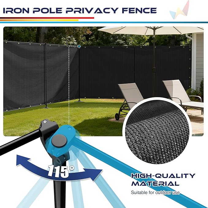 Windscreen4less Outdoor Privacy Fence Screen, 6'x140' Freestanding Privacy Fencing Set with Iron Poles and Ground Spikes, UV Resistant Mesh Cover Garden Pet Fencing for Backyard Patio Pool, Black
