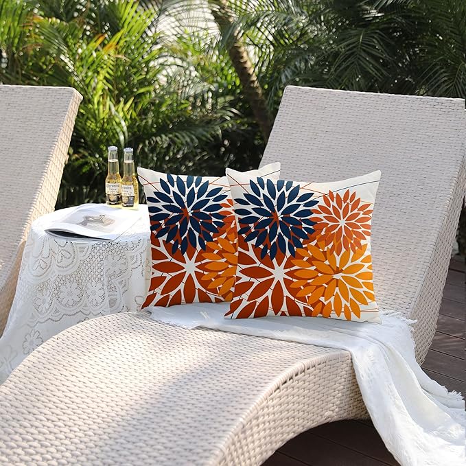 DFXSZ Outdoor Pillow Covers 16x16 Inch Set of 2 Blue Orange Flower Decorative Waterproof Summer Outdoor Pillow Covers Valentines Pillow Covers for Patio Funiture Garden Couch 168N16
