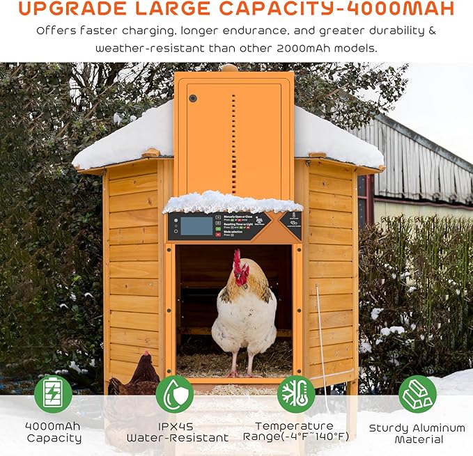 Large Automatic Chicken Coop Door, 4000mAh High Capacity Chicken Coop Door 7W Solar Powered with Timer & Light Sensor, Anti-Pinch Auto-Aluminum Chicken Door with Wire Clip & Remote Control-Orange
