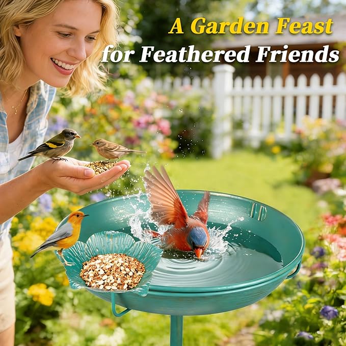 Mellbree Metal Bird Bath for Outside, 10" Dia 39" H Lake Blue with Gold Gilding, Freestanding with Perch & Feeder Bowl, Multi-Functional for Garden Patio Yard Lawn Outdoor Decor