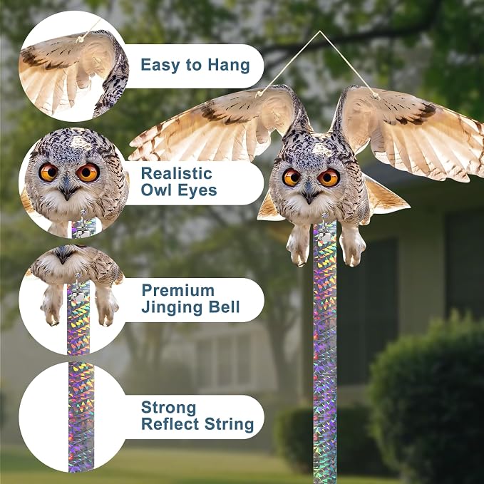 Fake Owl, 5PCS Reflective Hanging Fake Horned Owl Decoration, Owl Reflective Devices Outdoor for Outdoor Garden Yard
