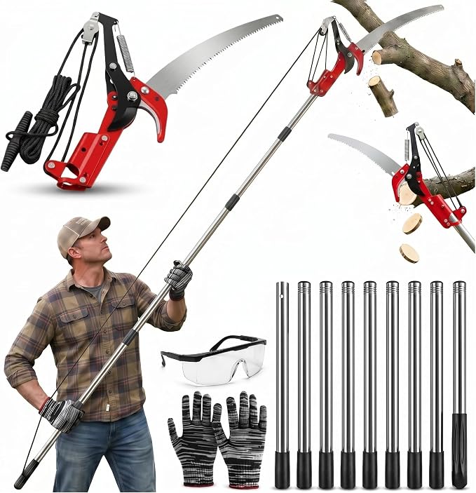 Manual Pole Saw for Tree Trimming, 13.7 Ft Extendable 2-in-1 Tree Pruner with Scissor and Steel Blade, Adjustable Long Handle Branch Cutter Pole Pruner and Pruning Saw for Yard Garden Patio