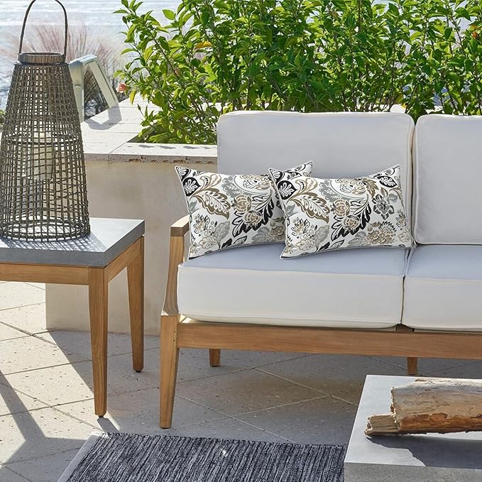 LVTXIII 2 Pack Outdoor Lumbar Pillow Covers 12x20 Inch with Piping, Water-Repellent Back Cushion Covers ONLY for Patio Furniture, Sofa, Garden Bench, Dailey Tan