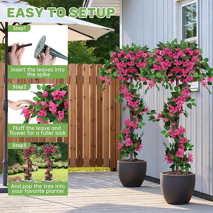 2Pack 5FT Artificial Bougainvillea Topiary Trees for Outdoor, Fake Silk Flowers Plants Bushes with Ground Spike, Faux UV Resistant Shurbs Trees for Outside,Front Porch,Patio,Balcony Decor