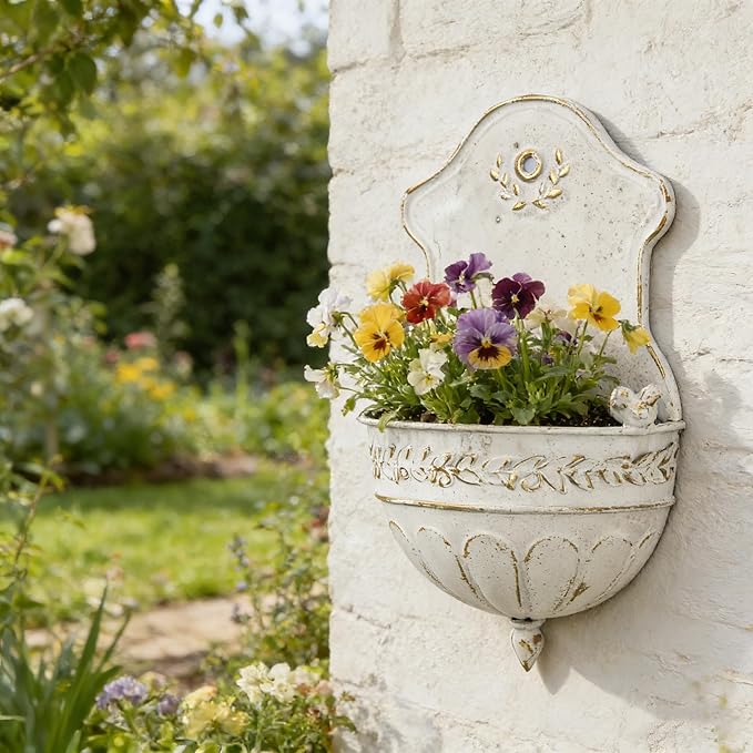 Vintage Rustic Wall Planter Distressed Decor Iron Hanging Plant Basket Shabby Metal Wall Mounted Flower Holder Pot Stand for Indoor Outdoor Home Balcony Patio Farmhouse Garden Decorative Bird White