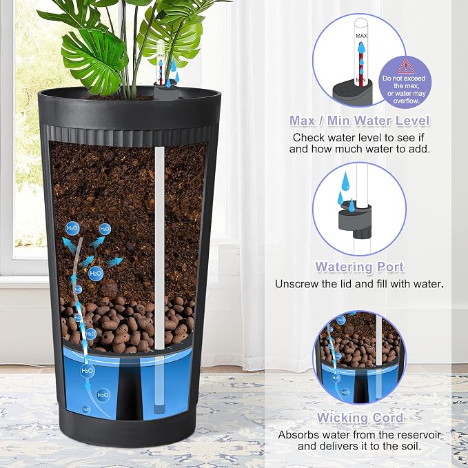 24in Tall Self-Watering Planters Set of 2, Black | Water level indicator, Self-watering irrigation system, Non-toxic PP plastic, Weather Resistant, Indoor Outdoor Use