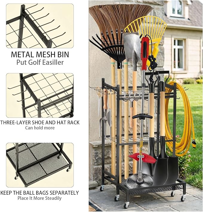 Garden Tool Organizer Rack with Wheels Up to 35 Tools, Heavy-Duty Steel Yard Tool Organizer for Garage Storage with 11 Hooks, Broom Holder & Garden Tool Rack for Shed, Patio, Lawn, Outdoor, Black