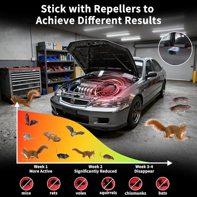 2026 Upgraded Rodent Repellent for Car Engines Mouse Repellent Ultrasonic Pest Control Repeller for Squirrel Rat Battery Operated Repellent Under Hood Keep Rodent Out of Car, Attic, Garage 4 Pack