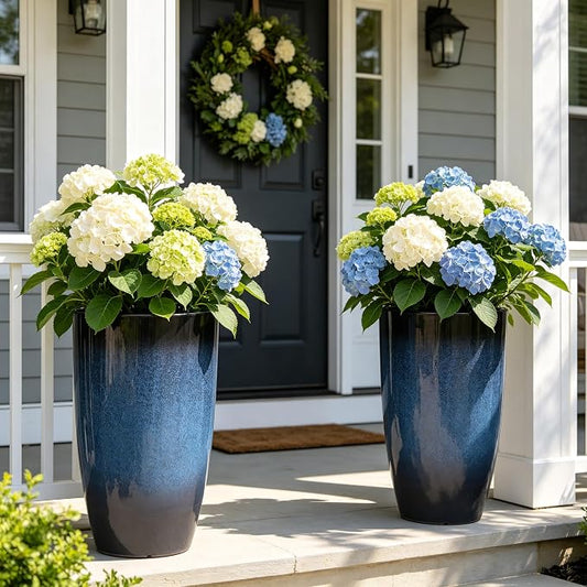 23.75" H Large Tall Outdoor Planters, Set of 2 Plastic Large Flower Pots for Outdoor Plants, with Gradient Cobalt Bule Finish, Weather-Resistant for Porch, Garden, Patio or Indoor Use