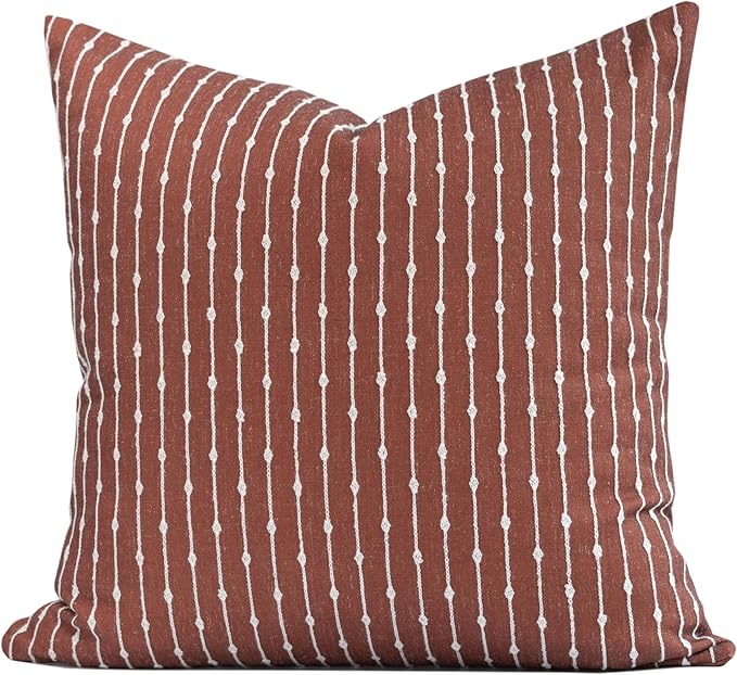 Crumbs Home Modern Farmhouse Fall Linen Indoor Outdoor Throw Pillow Cover Only, 20"x20" Water Repellent for Patio, Backyard, Couch, Rust Neutral Embroidered Stripes