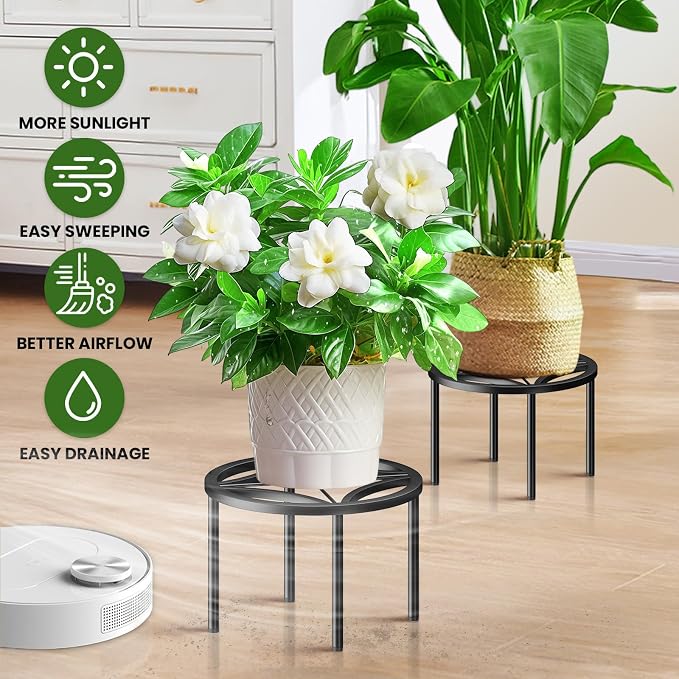 TOSKING 2-Pack Fully Assembled Heavy Duty Metal Plant Stand, Geometric Flower Pot Holder for Heavy Potted Plant, Rustproof Iron Plant Riser with Adjustable Feet, 200 LBS Capacity, No Installation Required, Indoor/Outdoor, Black (11.81"Dia x 6.5"H)