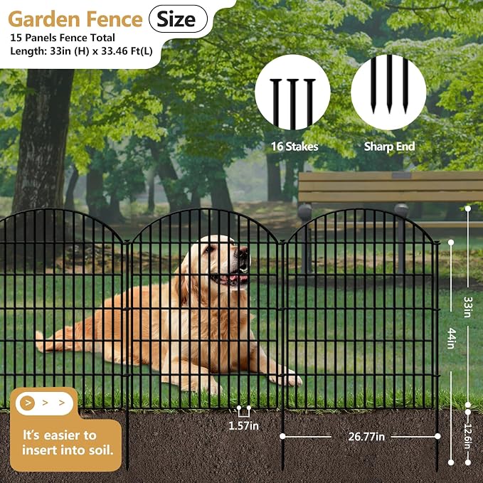 GILPWA 15 Panels Decorative Garden Metal Fence, 33in (H) x 33.46ft (L) No Dig Dog Fencing for Outdoor Yard, Rustproof Animal Ground Stakes Temporary Panel Border Barrier for Patio Flower Bed Camping